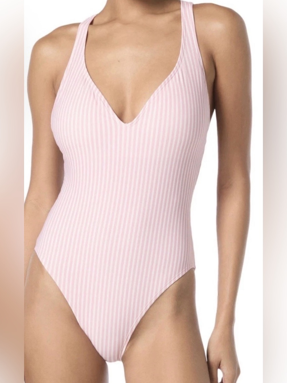 Michael Kors Pink & White Ribbed One-Piece Swimsuit